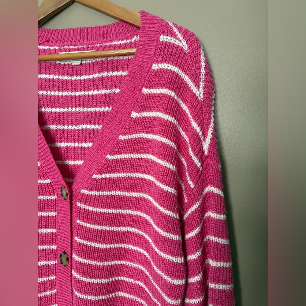 LOFT Striped Relaxed V-Neck Cardigan sweater pink & white preppy casual sz L - Picture 16 of 16